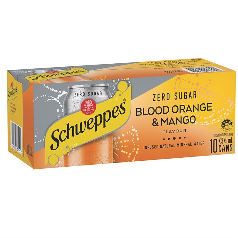 SCHWEPPES INFUSED NATURAL MINERAL WATER CAN 375ML BLOOD ORANGE AND MANGO PACK 10