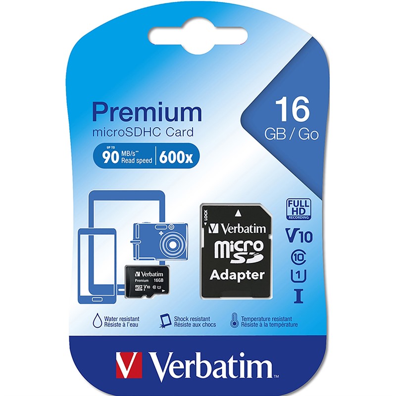 VERBATIM PREMIUM MICROSDHC MEMORY CARD WITH ADAPTER UHSI V10 U1 CLASS 10 16GB