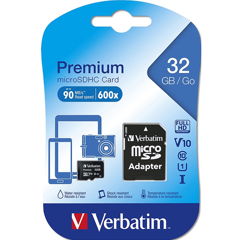 VERBATIM PREMIUM MICROSDHC MEMORY CARD WITH ADAPTER UHSI V10 U1 CLASS 10 32GB