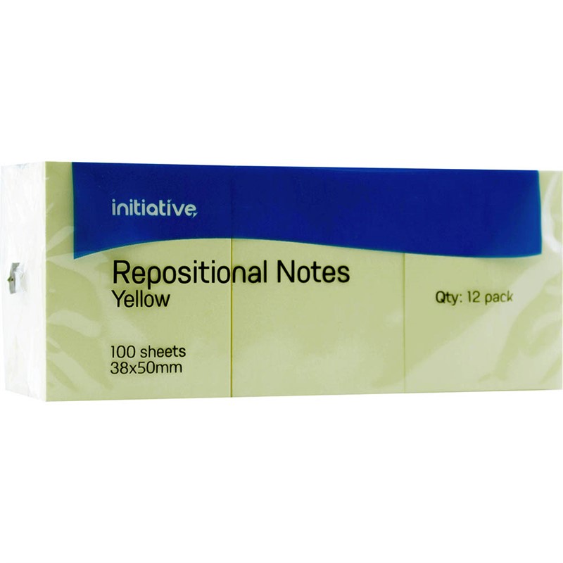 INITIATIVE REPOSITIONAL NOTES 38 X 50MM YELLOW PACK 12