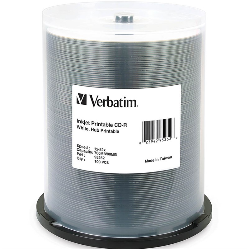 VERBATIM CDR 700MB 52X PRINTABLE SPINDLE WHITE PACK 100
