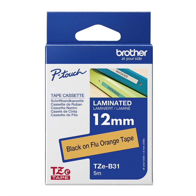 BROTHER TZEB31 LAMINATED LABELLING TAPE 12MM BLACK ON FLUORO ORANGE