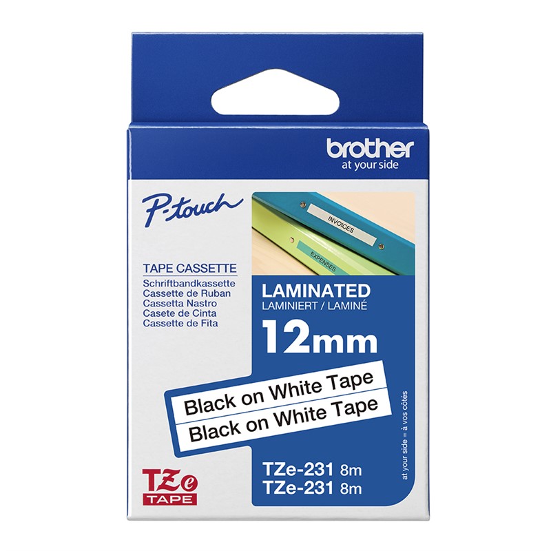 BROTHER TZE231V2 LAMINATED LABELLING TAPE 12MM BLACK ON WHITE PACK 2