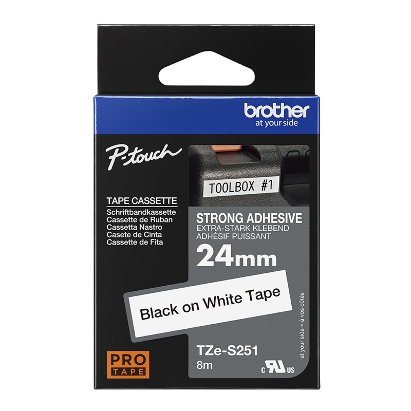BROTHER TZES251 STRONG ADHESIVE LABELLING TAPE 24MM BLACK ON WHITE