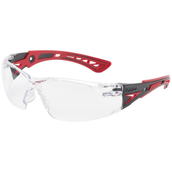 BOLLE SAFETY RUSH PLUS SAFETY GLASSES RED AND BLACK ARMS CLEAR LENS