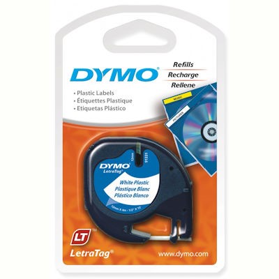 DYMO 91331 LETRATAG PLASTIC LABELLING TAPE 12MM X 4M BLACK ON PEARL WHITE