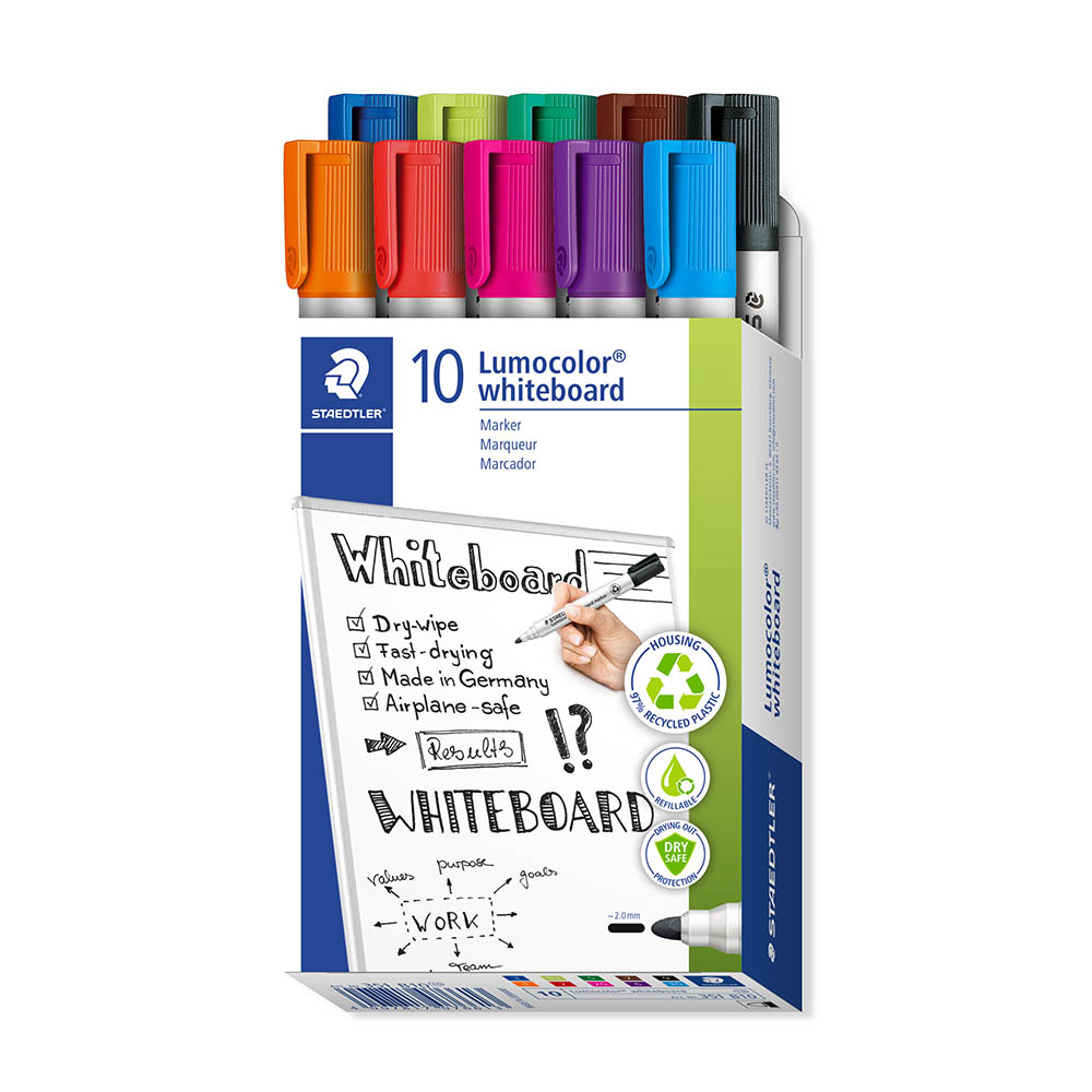 STAEDTLER 351 LUMOCOLOR WHITEBOARD MARKER BULLET ASSORTED BOX 10