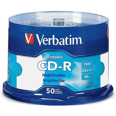 VERBATIM CDR 700MB 52X PRINTABLE SPINDLE WHITE PACK 50