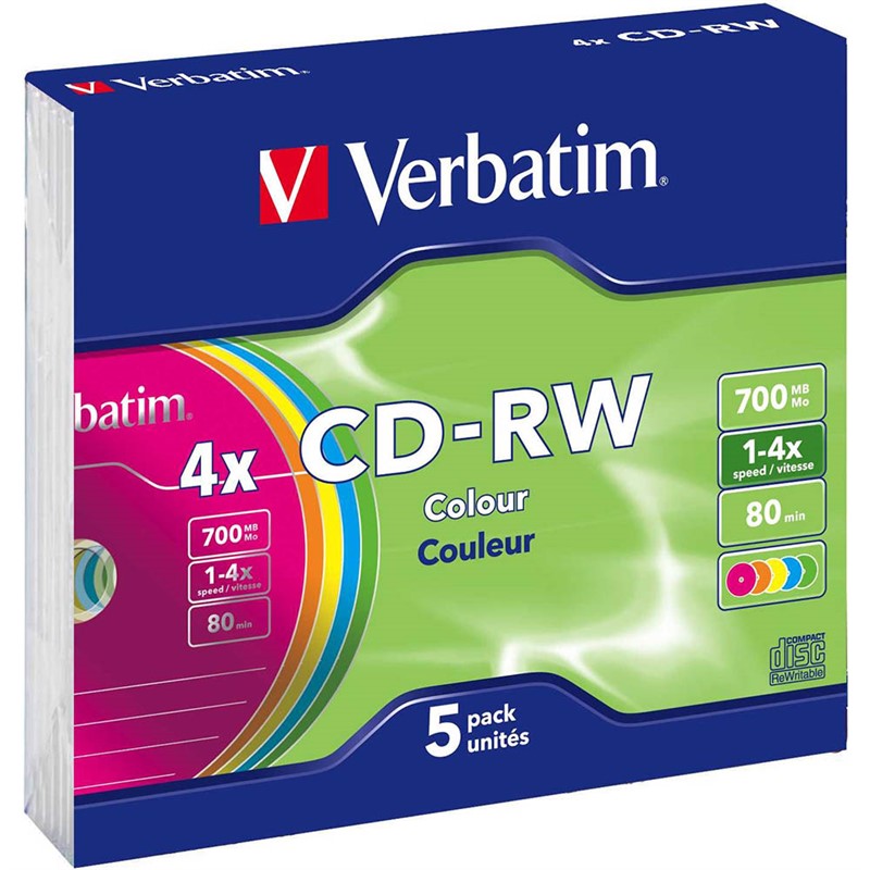 VERBATIM CDRW 700MB 1X4X COLOURED CASE PACK 5