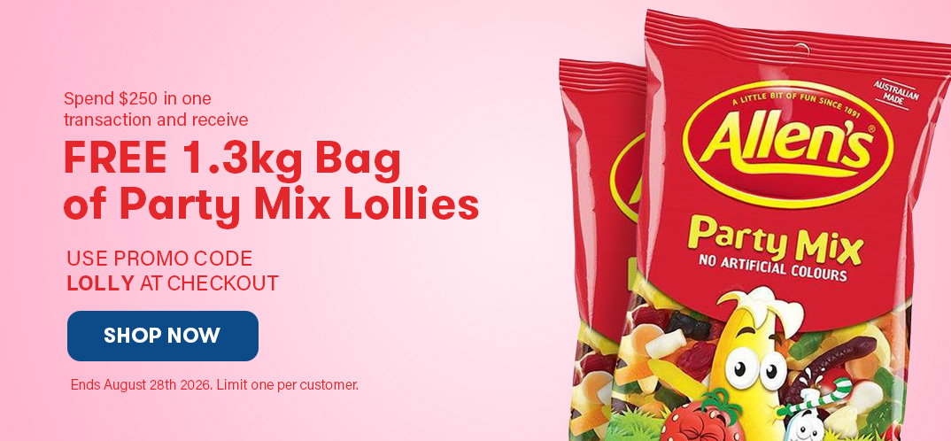 Spend 250 in one transaction and receive free 1.3kg bag of Party Mix Lollies